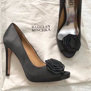 Badgley Mischka Black Satin Rosette Stiletto Heels